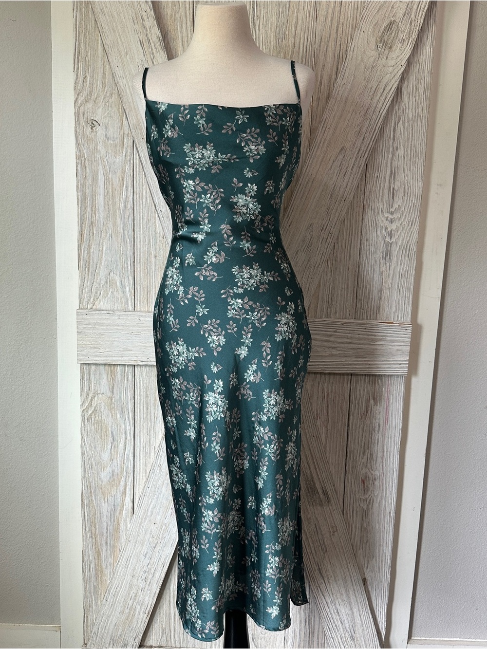 American Threads Floral Print Cowl Neck Satin Slip Midi Dress